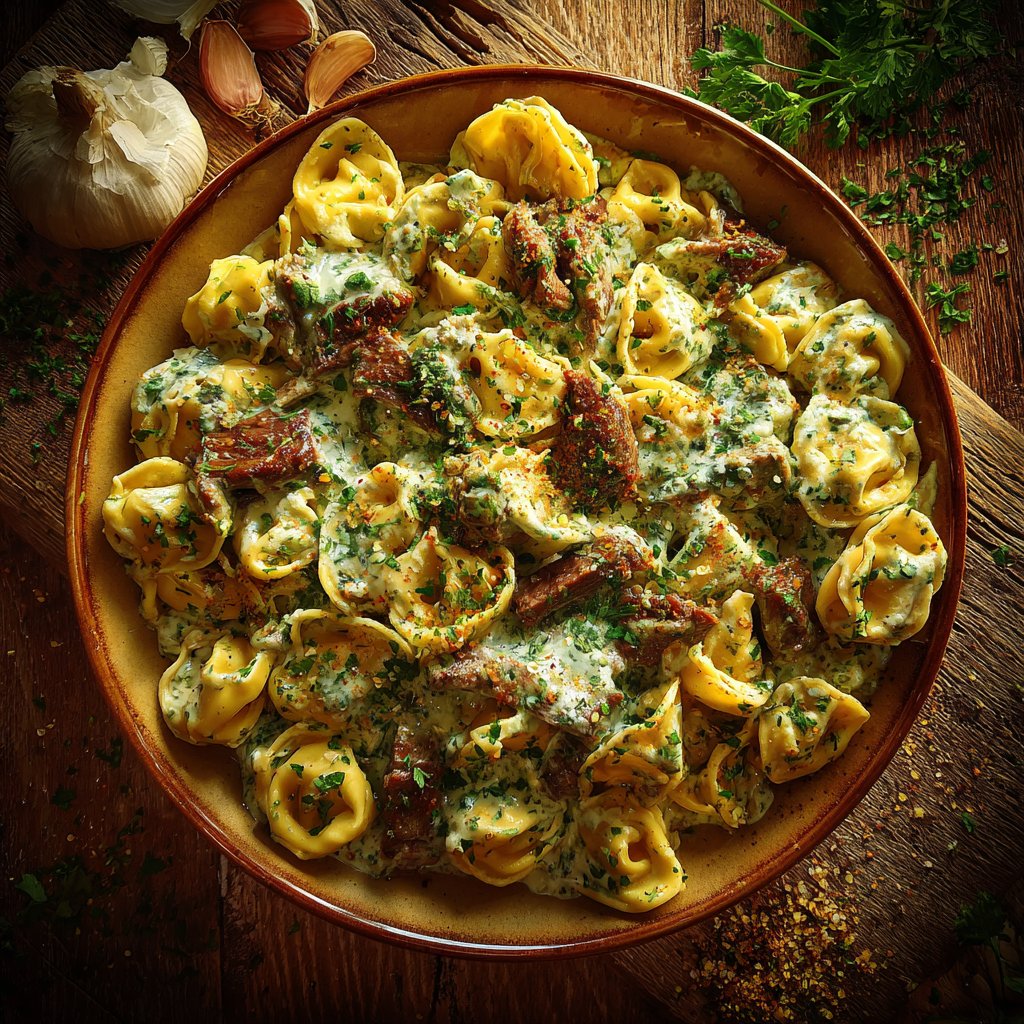 Garlic Steak Tortellini with Herb Cream Cheese Sauce