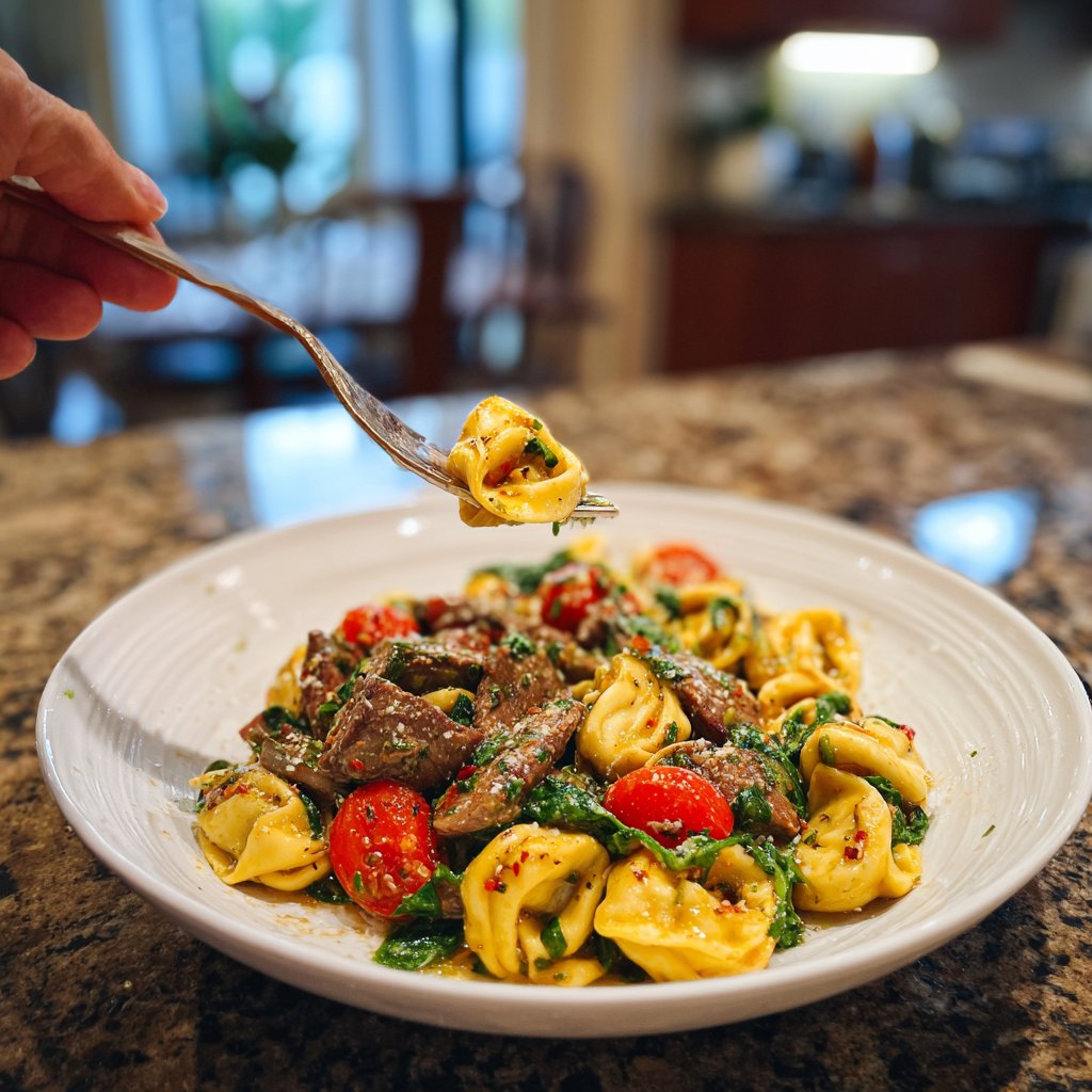 Garlic Steak Tortellini with Spinach and Cherry Tomatoes
